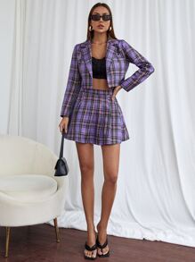 Tartan Crop Blazer & Skirt - Multicolor - View 3