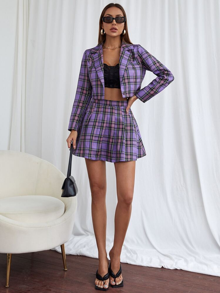 Tartan Crop Blazer & Skirt - Multicolor - View 3