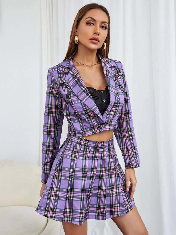 Tartan Crop Blazer & Skirt - Multicolor - View 4