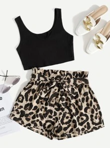 SHEIN VCAY Notch Neck Rib-knit Crop Tank Top & Paperbag Waist Belted Leopard Shorts Set - Multicolor - View 1
