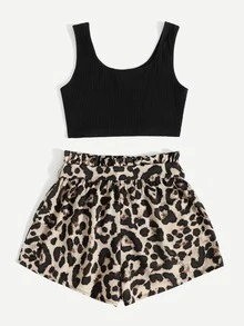 SHEIN VCAY Notch Neck Rib-knit Crop Tank Top & Paperbag Waist Belted Leopard Shorts Set - Multicolor - View 2