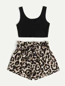 SHEIN VCAY Notch Neck Rib-knit Crop Tank Top & Paperbag Waist Belted Leopard Shorts Set - Multicolor - View 3