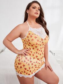 Plus Floral Print Contrast Lace Slips - Multicolor - View 1
