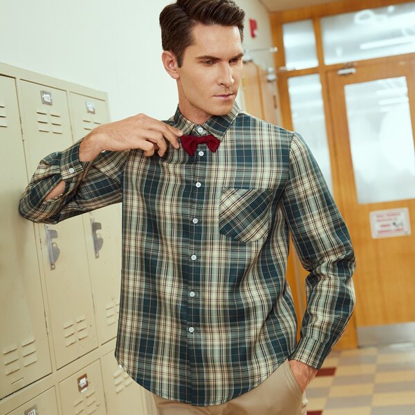 

Men Button Front Bow Neck Tartan Shirt, Multicolor