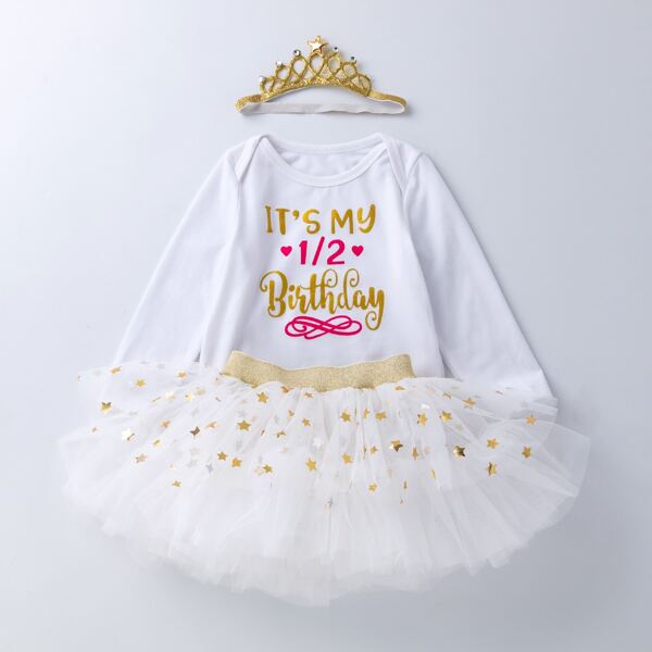 

Baby Slogan Graphic Bodysuit & Mesh Skirt, White