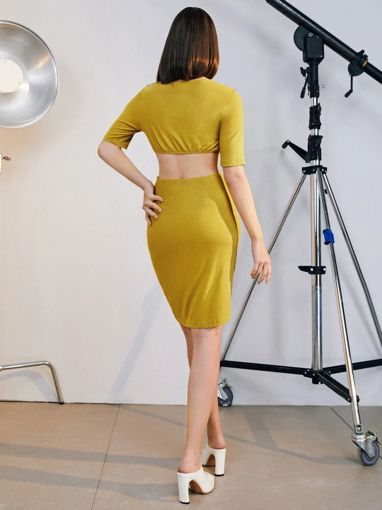 SHEIN Vestido ajustado con abertura 2 en 1 - Amarillo - Añade 2