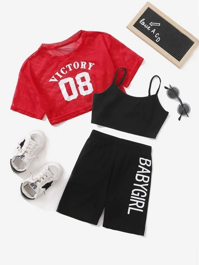 SHEIN Girls 3pcs Letter Graphic Tee & Camisole And Shorts