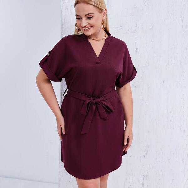 

Plus Roll Sleeve Belted Fitted Dress, Burgundy