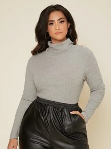 SHEIN BASICS Plus Ribbed Knit Turtleneck Tee - Light Grey - View 1
