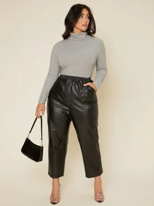 SHEIN BASICS Plus Ribbed Knit Turtleneck Tee - Light Grey - View 4