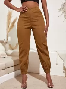 SHEIN SXY 高腰錐形褲 - 棕色 - 查看 1