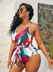SHEIN Swim Curve Cộng với kích thước một mảnh Thắt nút Khối Màu Boho - Nhiều màu - Xem 3