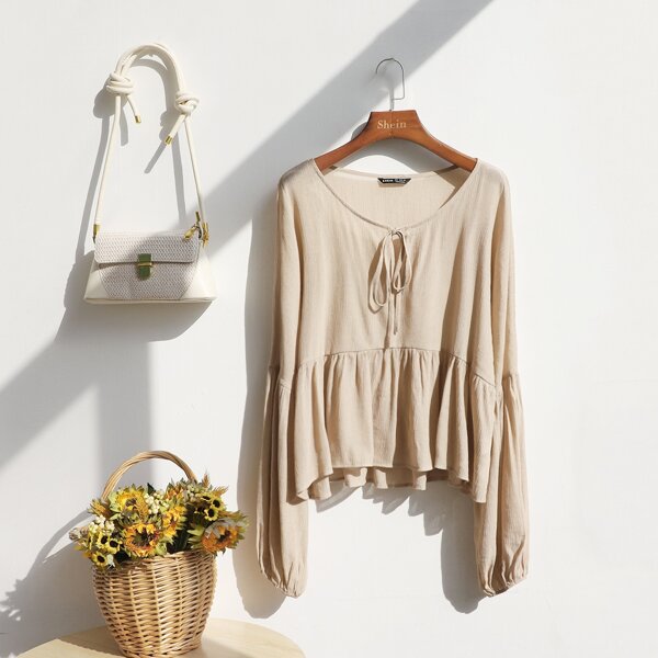 

Solid Knot Front Smock Top, Khaki