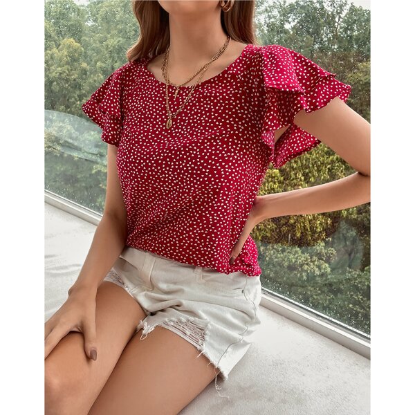 

Confetti Heart Print Flutter Sleeve Top, Red