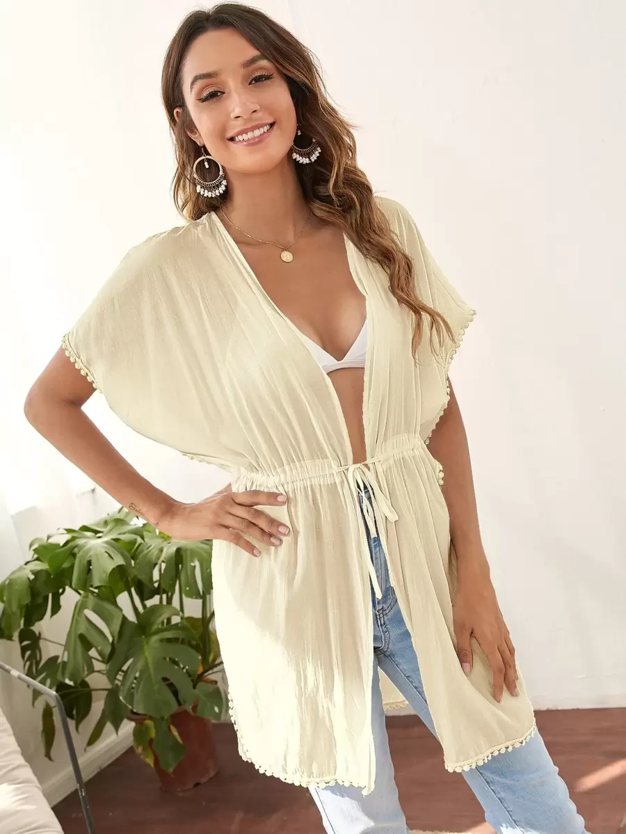 Batwing Sleeve Drawstring Waist Kimono, For Summer Beach Vacation - Apricot - View 1