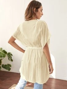 Batwing Sleeve Drawstring Waist Kimono, For Summer Beach Vacation - Apricot - View 2