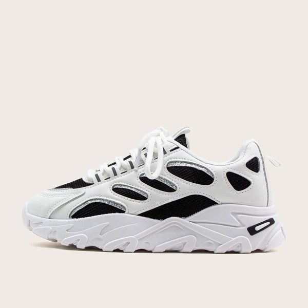 

Two Tone Lace-up Front Cut Out Chunky Sneakers, Black and white