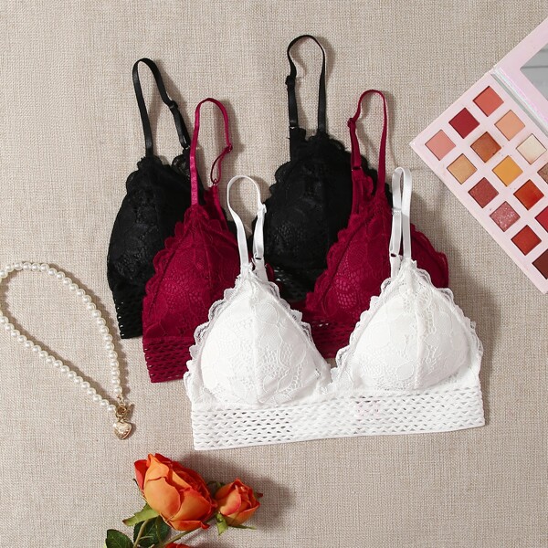 

3pack Scallop Trim Floral Lace Bralette Set, Multicolor