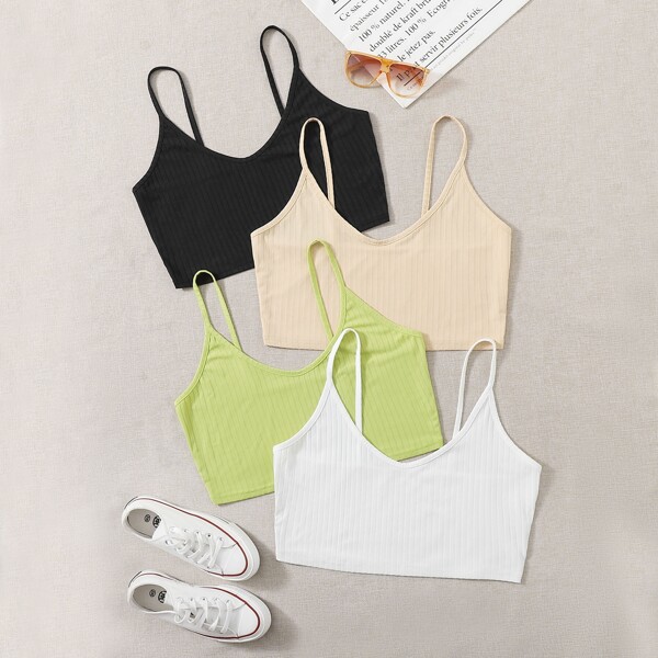 

Plus 4pcs Solid Ribbed Cami Top, Multicolor