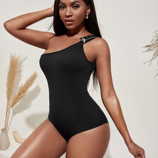 

One Shoulder Chain Detail Bodysuit, Black