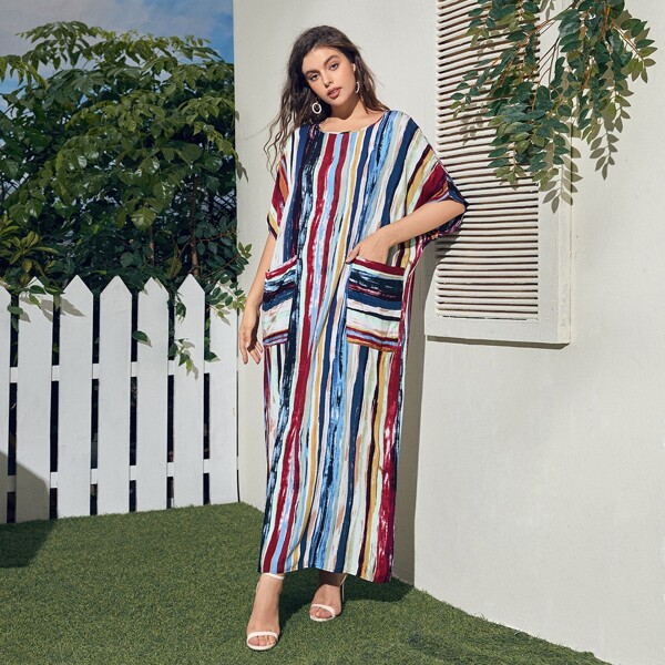 

Striped Batwing Sleeve Dual Pocket Kaftan, Multicolor