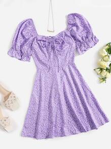 Soleia Allover Plants Print Drawstring Front Ruffle Cuff Dress,Pastel Dresses For Women - Lilac Purple - View 1