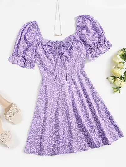 Soleia Allover Plants Print Drawstring Front Ruffle Cuff Dress,Pastel Dresses For Women