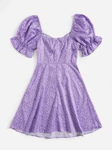 Soleia Allover Plants Print Drawstring Front Ruffle Cuff Dress,Pastel Dresses For Women - Lilac Purple - View 2