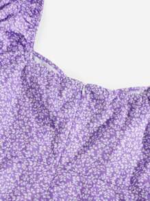Soleia Allover Plants Print Drawstring Front Ruffle Cuff Dress,Pastel Dresses For Women - Lilac Purple - View 3