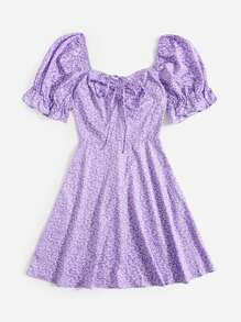 Soleia Allover Plants Print Drawstring Front Ruffle Cuff Dress,Pastel Dresses For Women - Lilac Purple - View 4