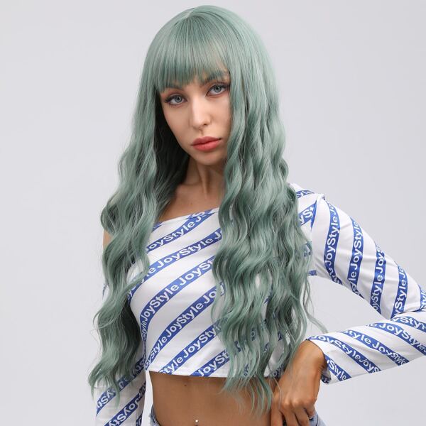 

Natural Long Curly Wig With Bangs, Green