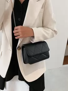 金屬錬格紋加墊斜肩包 - 黑色 - 查看 1