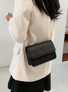 金屬錬格紋加墊斜肩包 - 黑色 - 查看 2