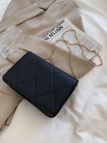 金屬錬格紋加墊斜肩包 - 黑色 - 查看 3