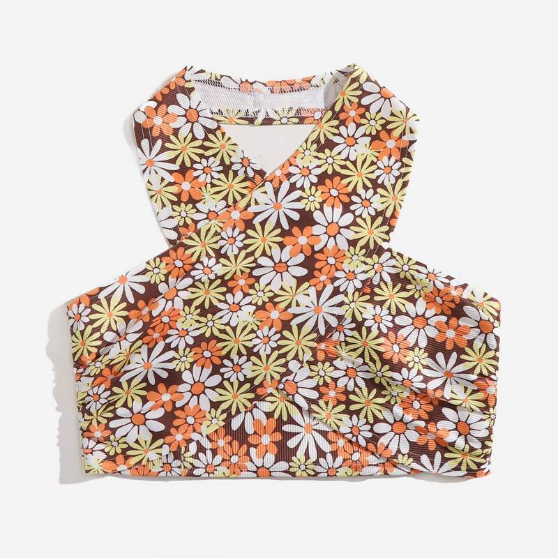 

Floral Print Criss Cross Halter Top, Multicolor