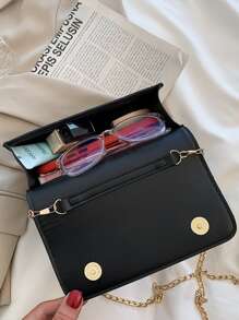 金屬錬格紋加墊斜肩包 - 黑色 - 查看 5