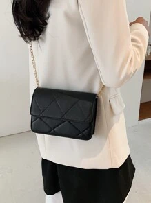 金屬錬格紋加墊斜肩包 - 黑色 - 查看 6