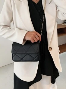 金屬錬格紋加墊斜肩包 - 黑色 - 查看 7