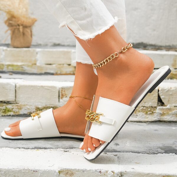 

Minimalist Metal Decor Slide Sandals, White
