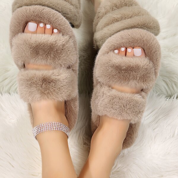 

Minimalist Double Strap Fluffy Slippers, Khaki