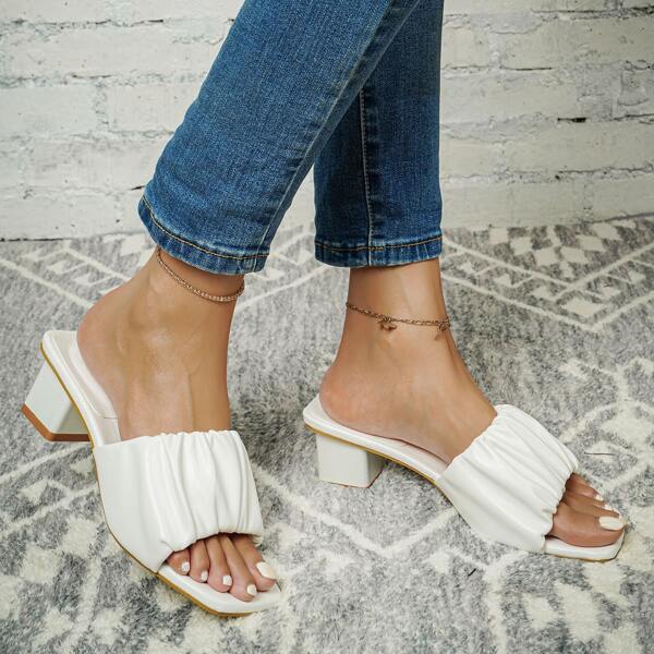 

Minimalist Ruched Detail Heeled Slide Sandals, White