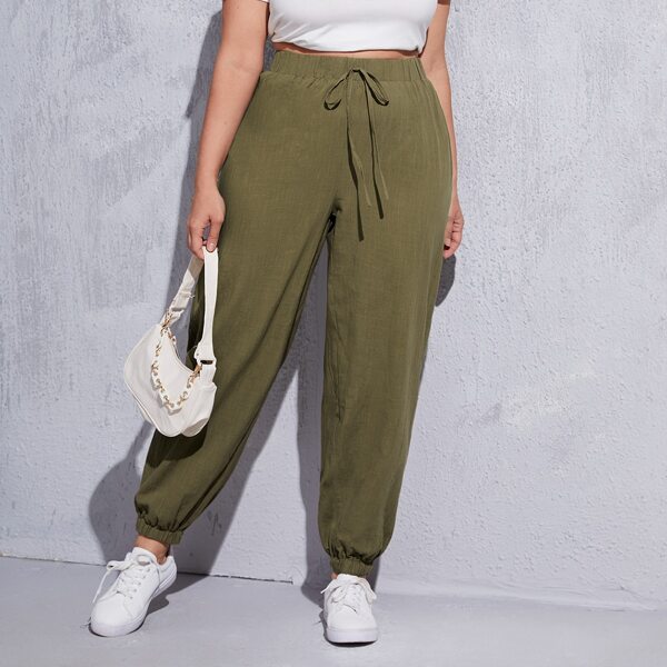 

Plus Solid Tie Front Carrot Pants, Army green
