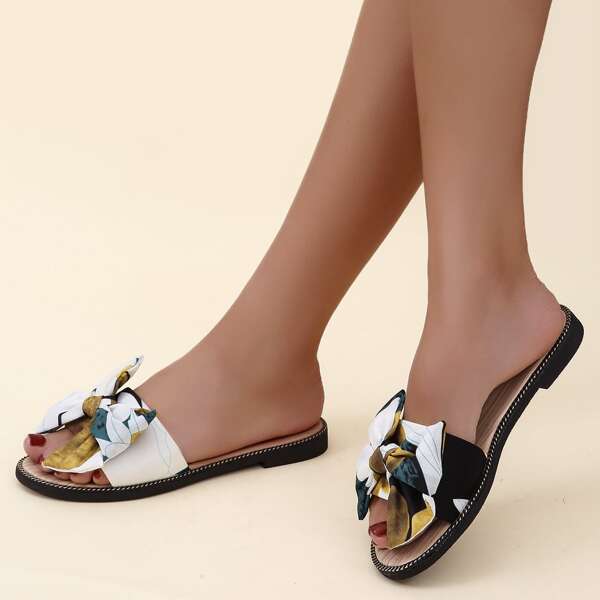 

Two Tone Bow Decor Slide Sandals, Multicolor