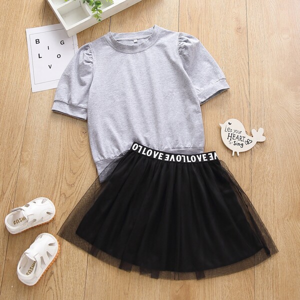 

Toddler Girls Puff Sleeve Sweatshirt & Letter Tape Waist Tutu Skirt, Multicolor
