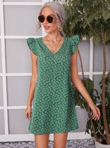 SHEIN 小碎花荷葉邊直筒連衣裙 - 綠色 - 查看 1