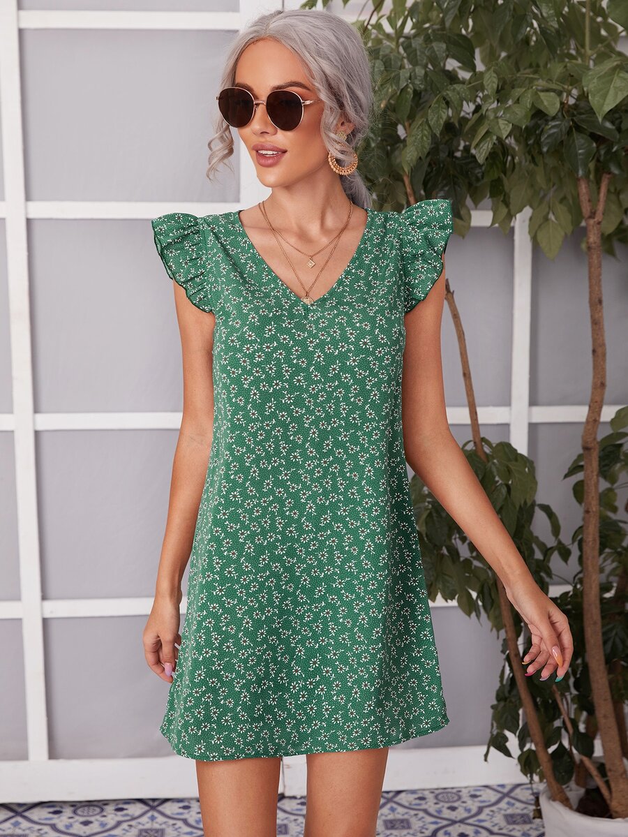 SHEIN 小碎花荷葉邊直筒連衣裙 - 綠色 - 查看 1