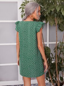 SHEIN 小碎花荷葉邊直筒連衣裙 - 綠色 - 查看 2