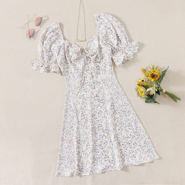 

Ditsy Floral Flounce Sleeve Drawstring Front Dress, Multicolor