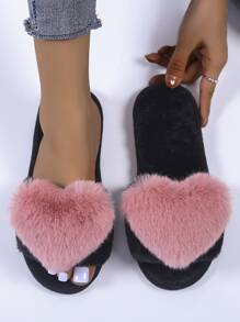 Women's Heart Shape Decor Fluffy Slippers For Home - Hot Pink - View 4