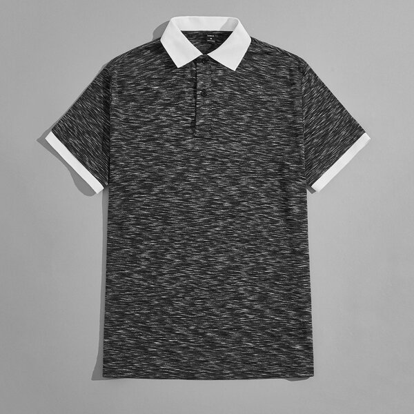 

Men Contrast Collar Marled Knit Polo Shirt, Dark grey